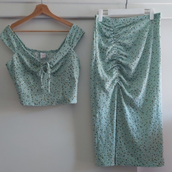 Y2K Pucker Top & Midi Skirt Set In Jade Delight Green Floral XL - Picture 4 of 7